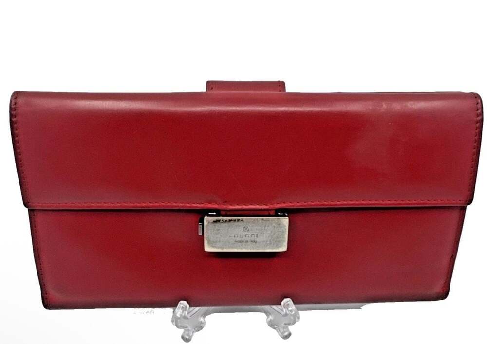 Gucci Vintage Red Leather Long Wallet with Metal Logo Clasp